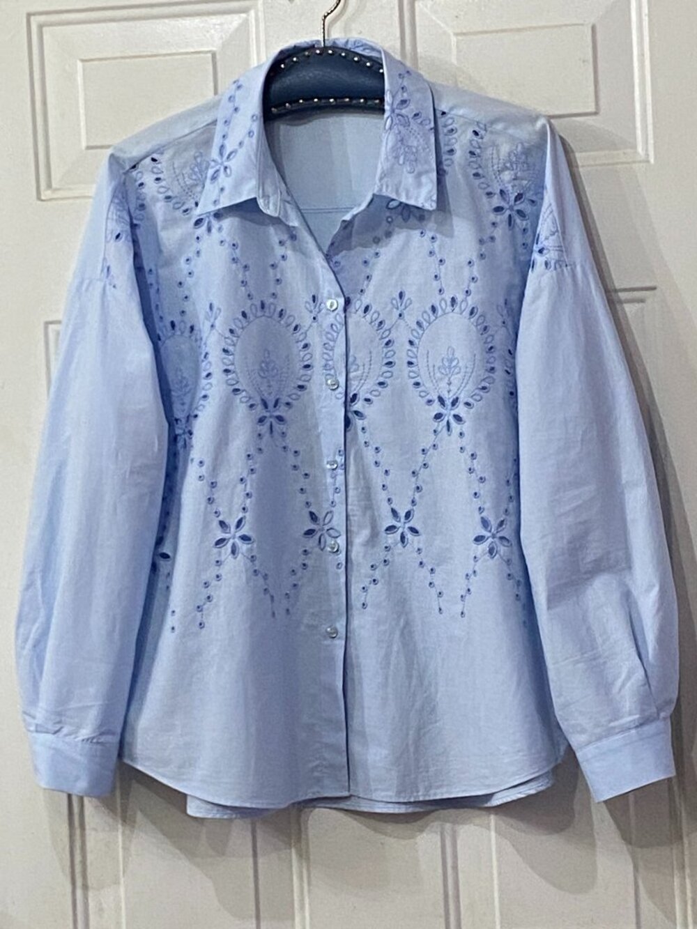 NEW ZARA Womens Sz M Blue Blouse Button Up Shirt Long Sleeve Embroidered
